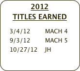 2012 
TITLES EARNED
    
    3/4/12        MACH 4
    9/3/12        MACH 5
    10/27/12    JH
   