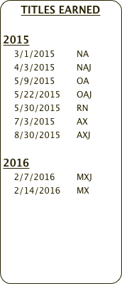 TITLES EARNED

2015
    3/1/2015        NA
    4/3/2015        NAJ
    5/9/2015        OA        
    5/22/2015      OAJ
    5/30/2015      RN
    7/3/2015        AX
    8/30/2015      AXJ
    
2016
    2/7/2016        MXJ
    2/14/2016      MX
    
            
